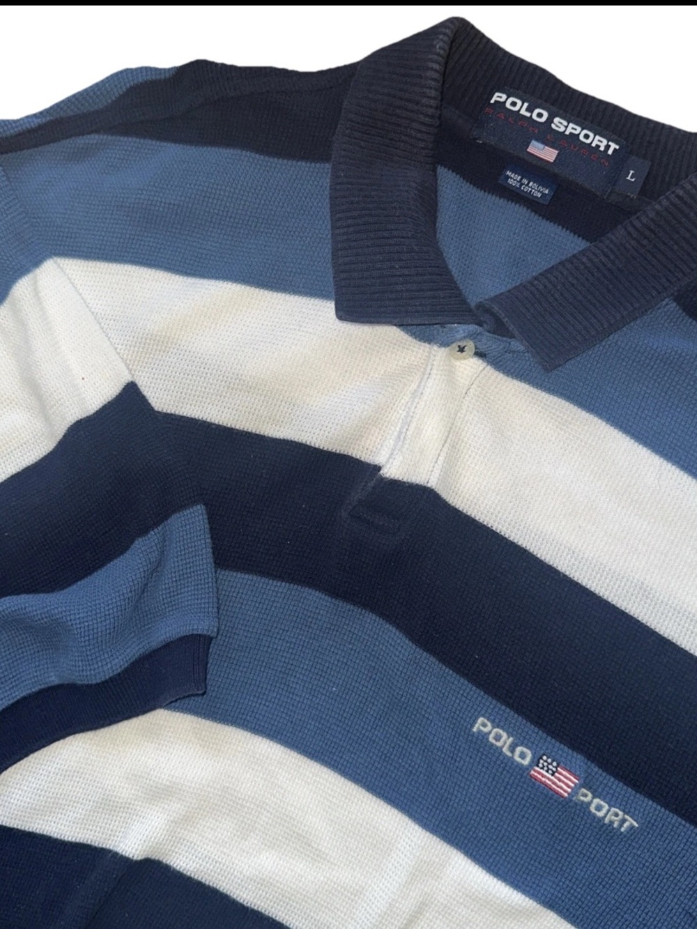 Vintage Ralph Lauren Shirt Rugby Large Blue Polo Sport Waffle Knit Short Sleeve